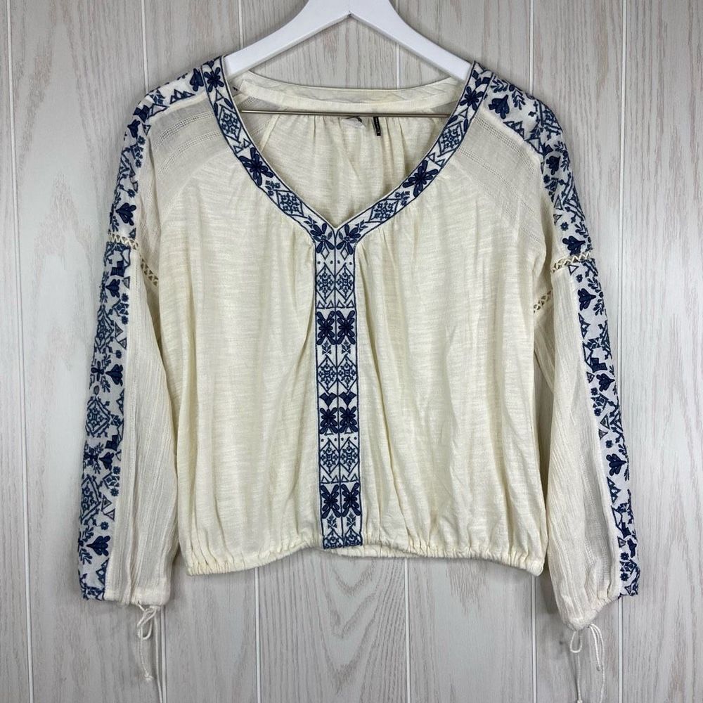 Anthropologie Akemi + Kin Womens Boho Merewen Embroidered Blouse Cream Size SP